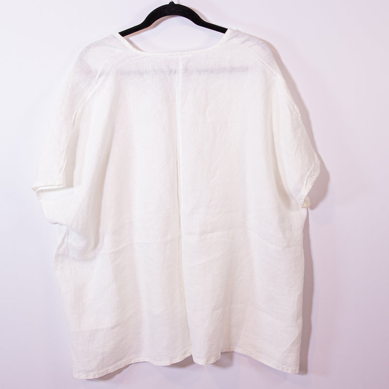 Bryn Walker Linen Weave Lightweight V Neck Short Sleeve Pullover Blouse White L