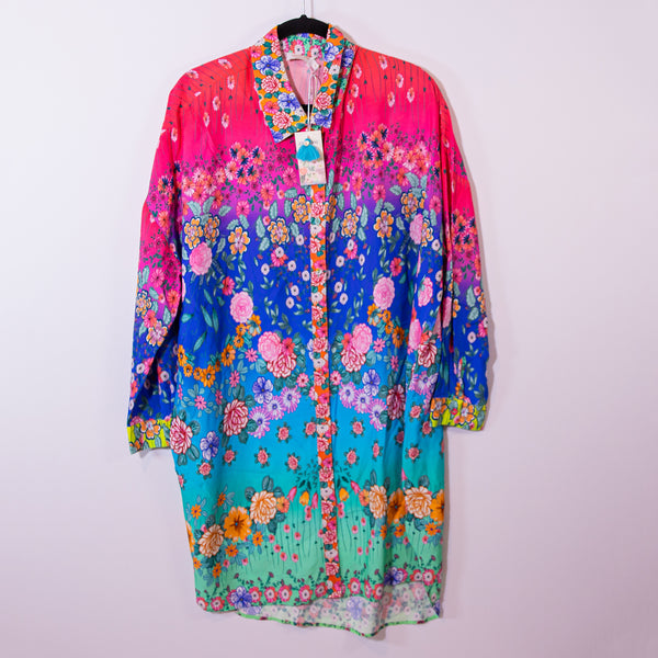 NEW Johnny Was Rainbow Floral Flower Print Pattern Button Down Shirt Dress M