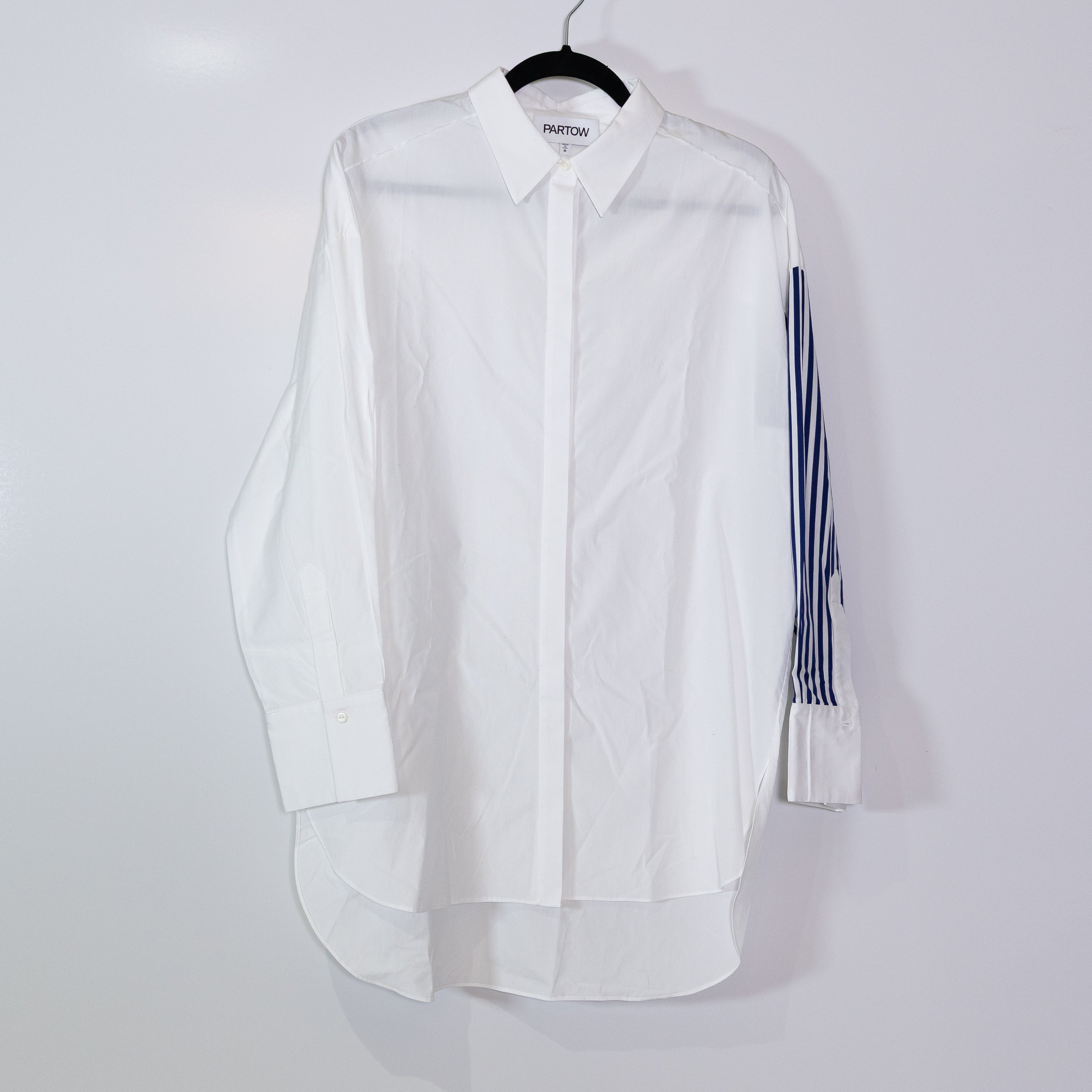 Partow Women's Cotton Poplin Collared Button Down Stripe Sleeve Blouse Shirt Top