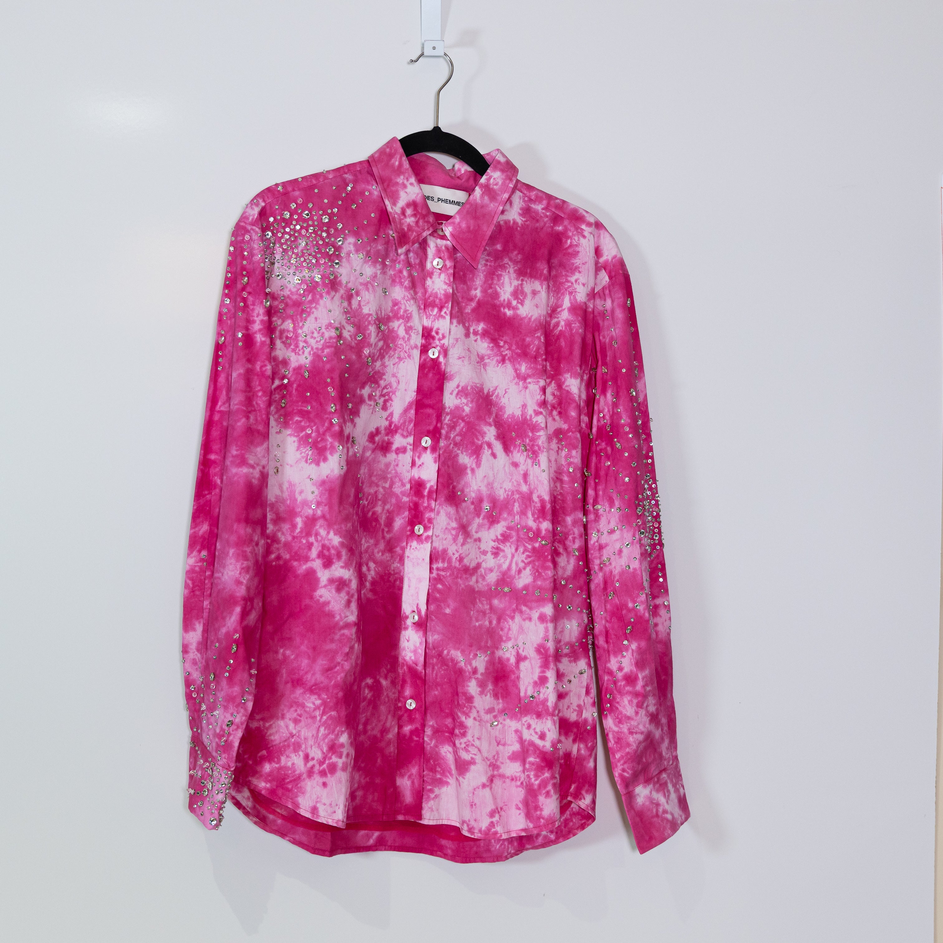 Des_Phemmes Cotton Crystal Jewel Embellished Tie Dye Button Down Shirt Pink S