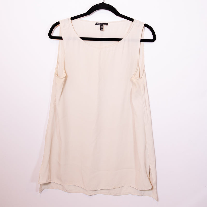 Eileen Fisher Silk Crepe Sleeveless Scoop Neck Split Hem Shell Tank Top Neutral