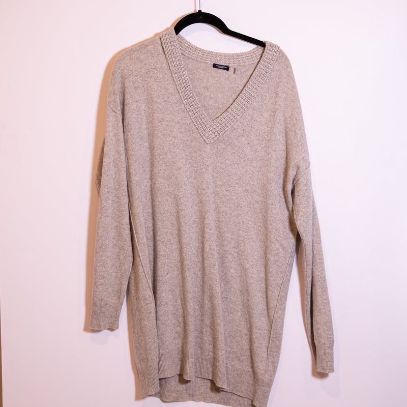 Magaschoni 100% Cashmere Ultra Soft Knit Braided V Neck Pullover Sweater Gray L