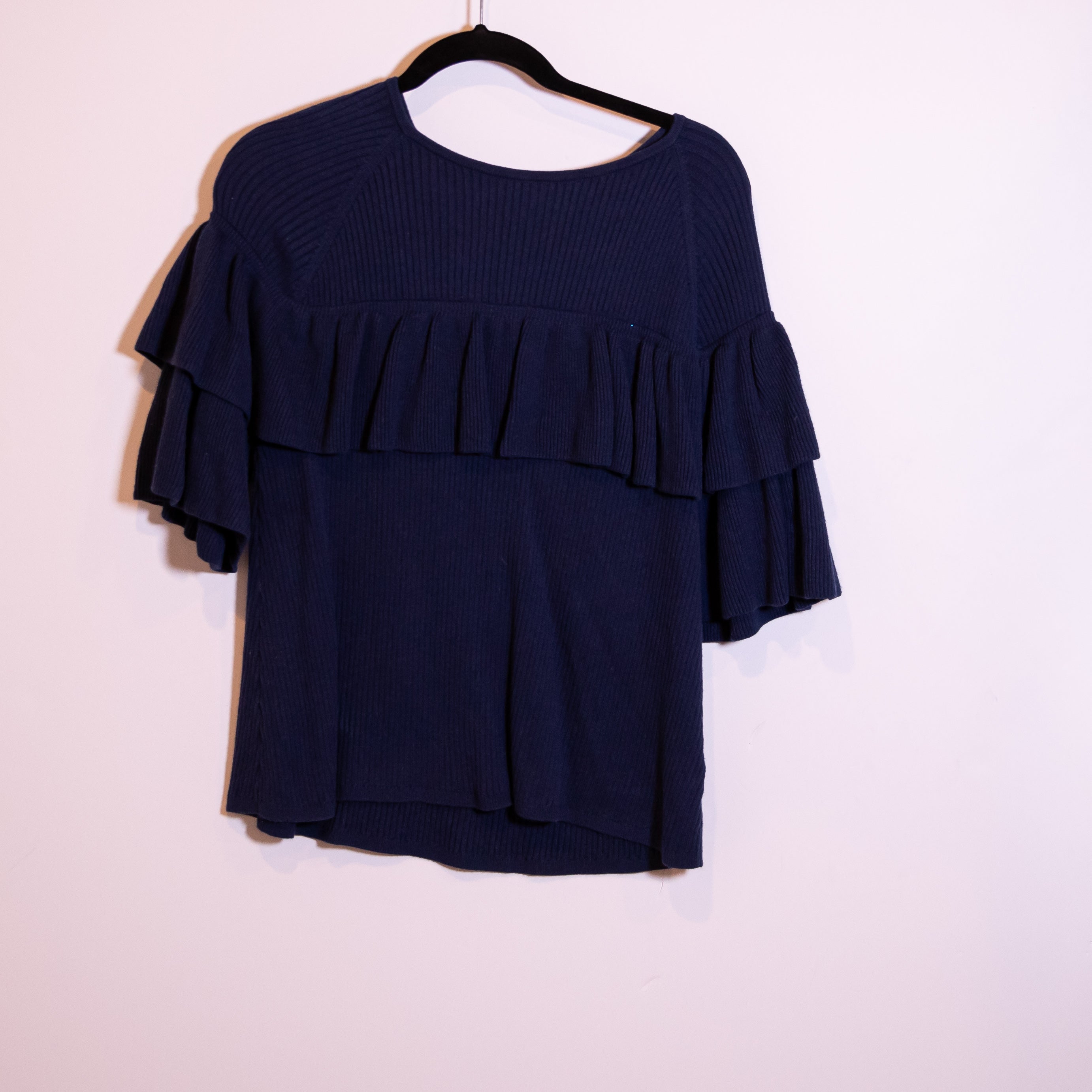 Vineyard Vines Ribbed Ruffle Cotton Silk Knit Pullover Deep Bay Blue Sweater S