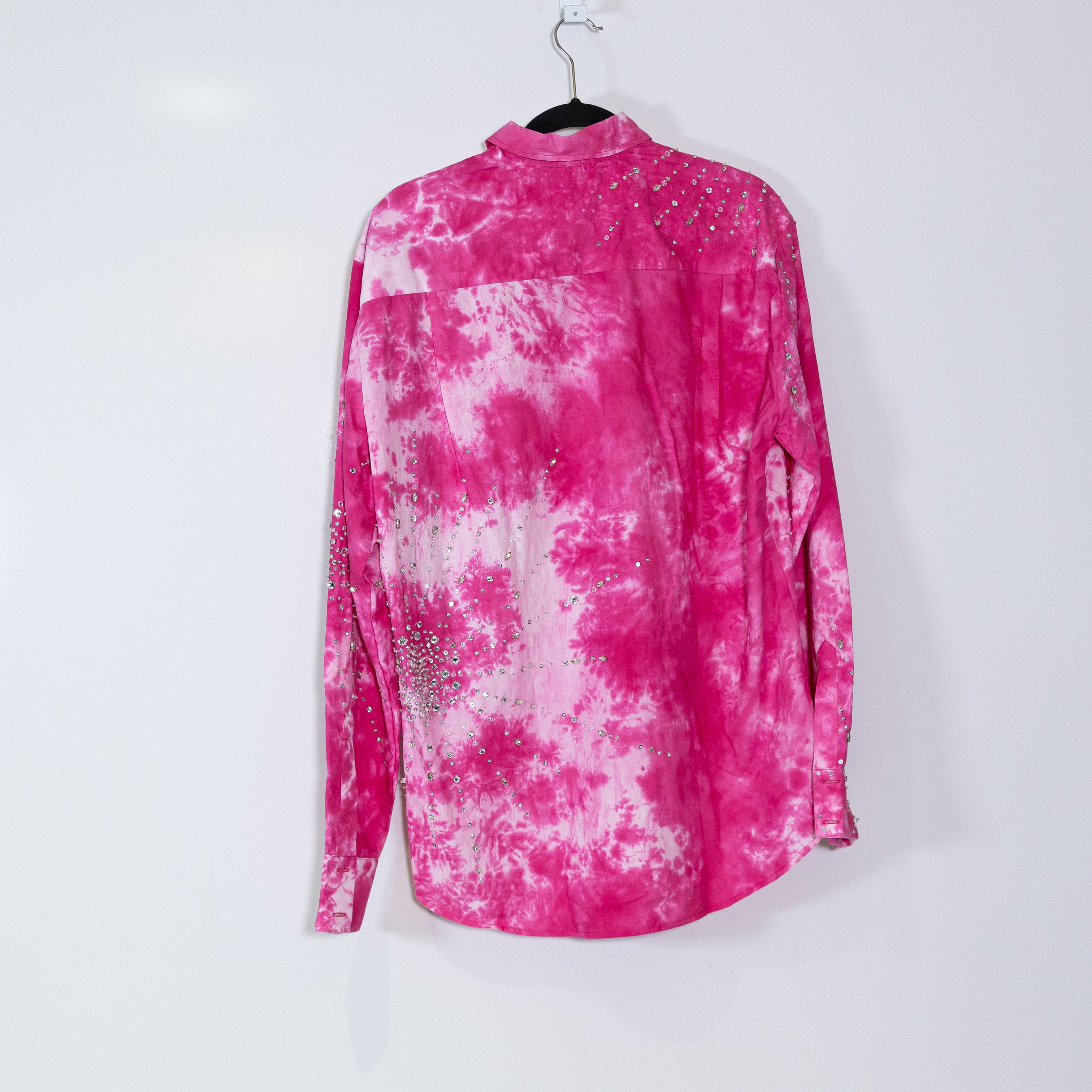 Des_Phemmes Cotton Crystal Jewel Embellished Tie Dye Button Down Shirt Pink S