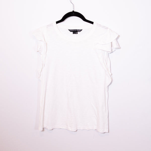 Veronica Beard Jeans Akeela Cotton Ruffle Short Sleeve Crew Neck Tee Shirt White