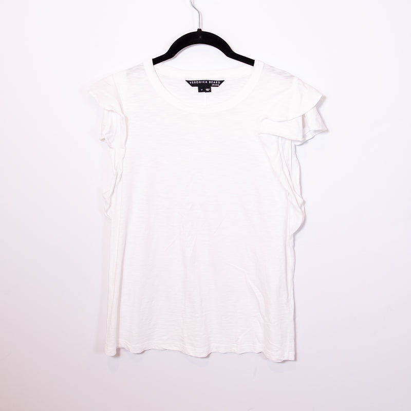 Veronica Beard Jeans Akeela Cotton Ruffle Short Sleeve Crew Neck Tee Shirt White