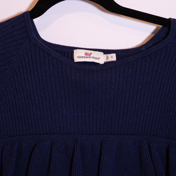 Vineyard Vines Ribbed Ruffle Cotton Silk Knit Pullover Deep Bay Blue Sweater S