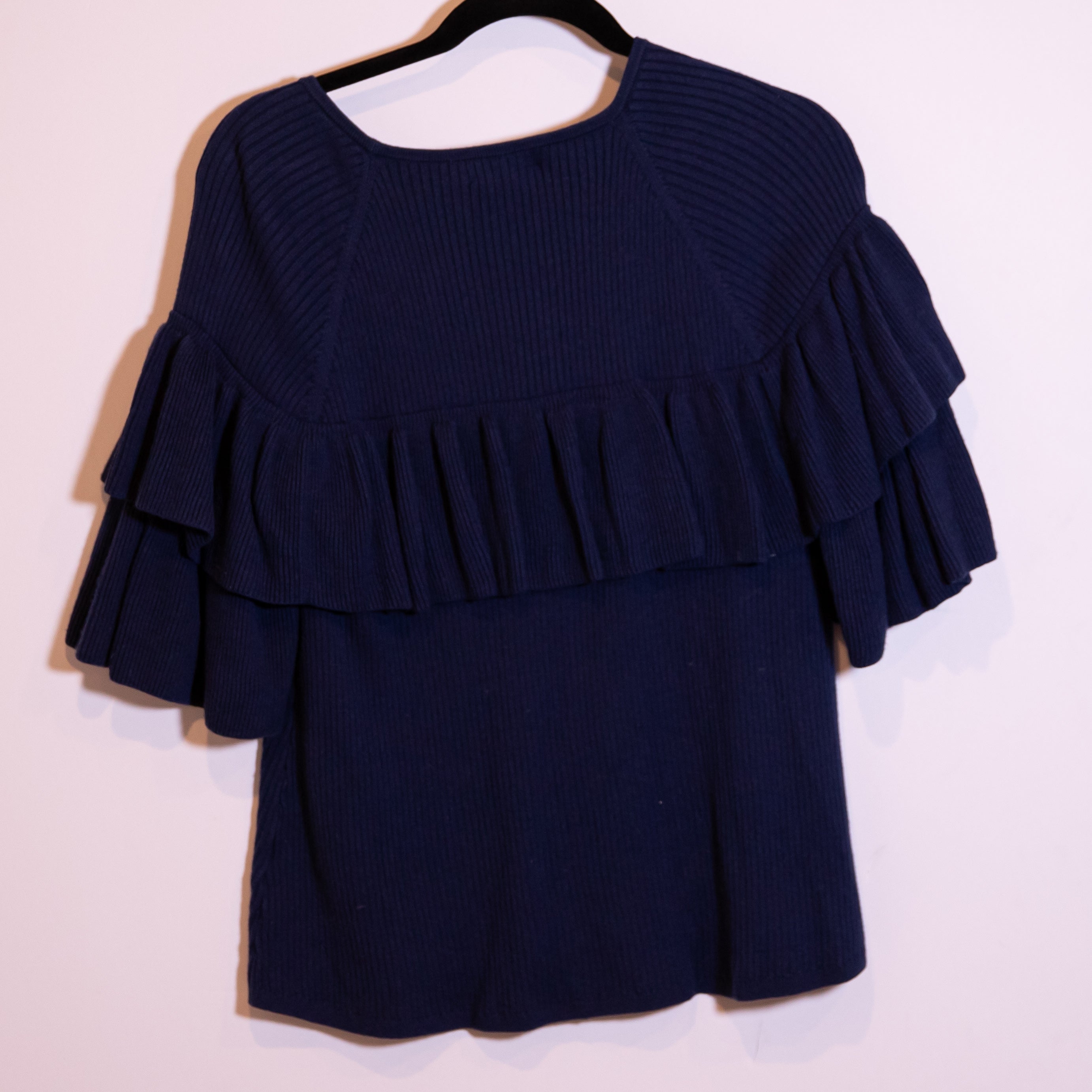 Vineyard Vines Ribbed Ruffle Cotton Silk Knit Pullover Deep Bay Blue Sweater S