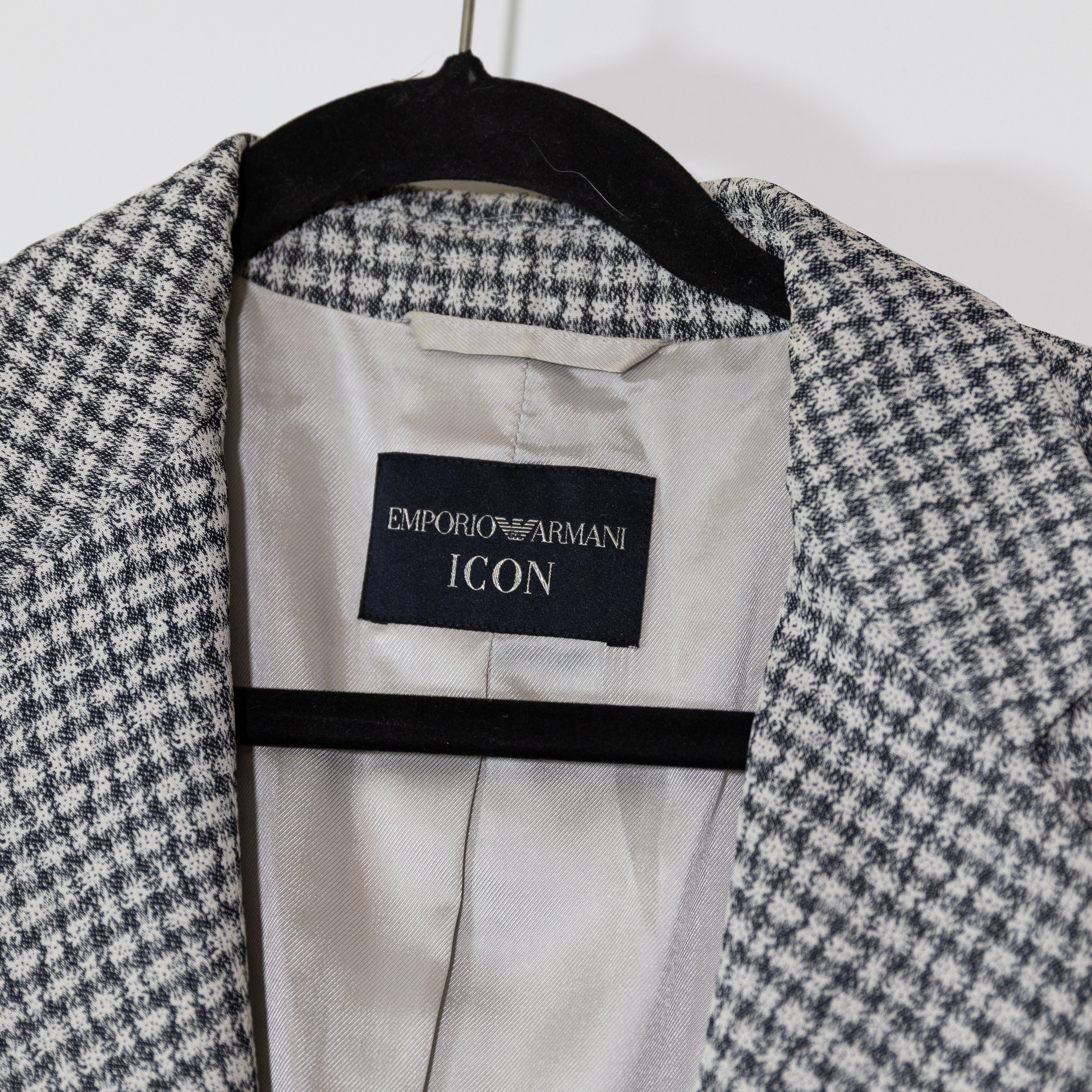 Emporio Armani Icon Women's Silk Blend Houndstooth Blazer Jacket Black White S