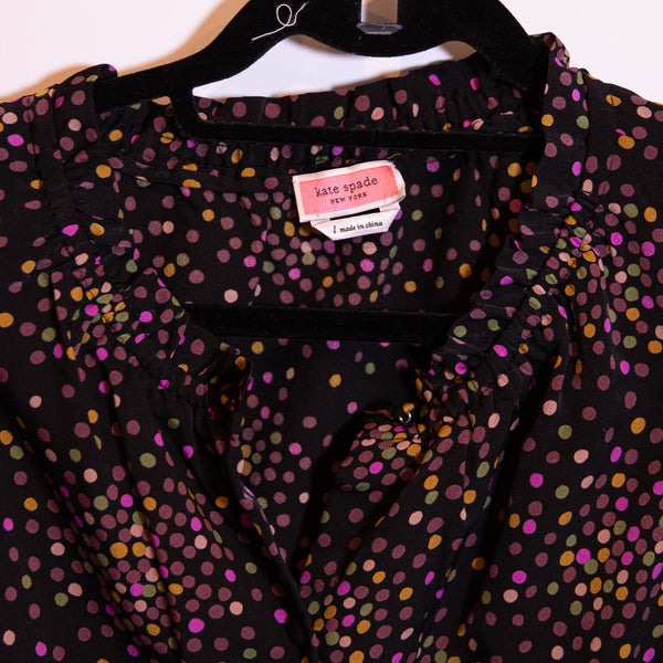 Kate Spade Disco Polka Dot Print Pattern Flutter Short Sleeve Blouse Shirt Top L