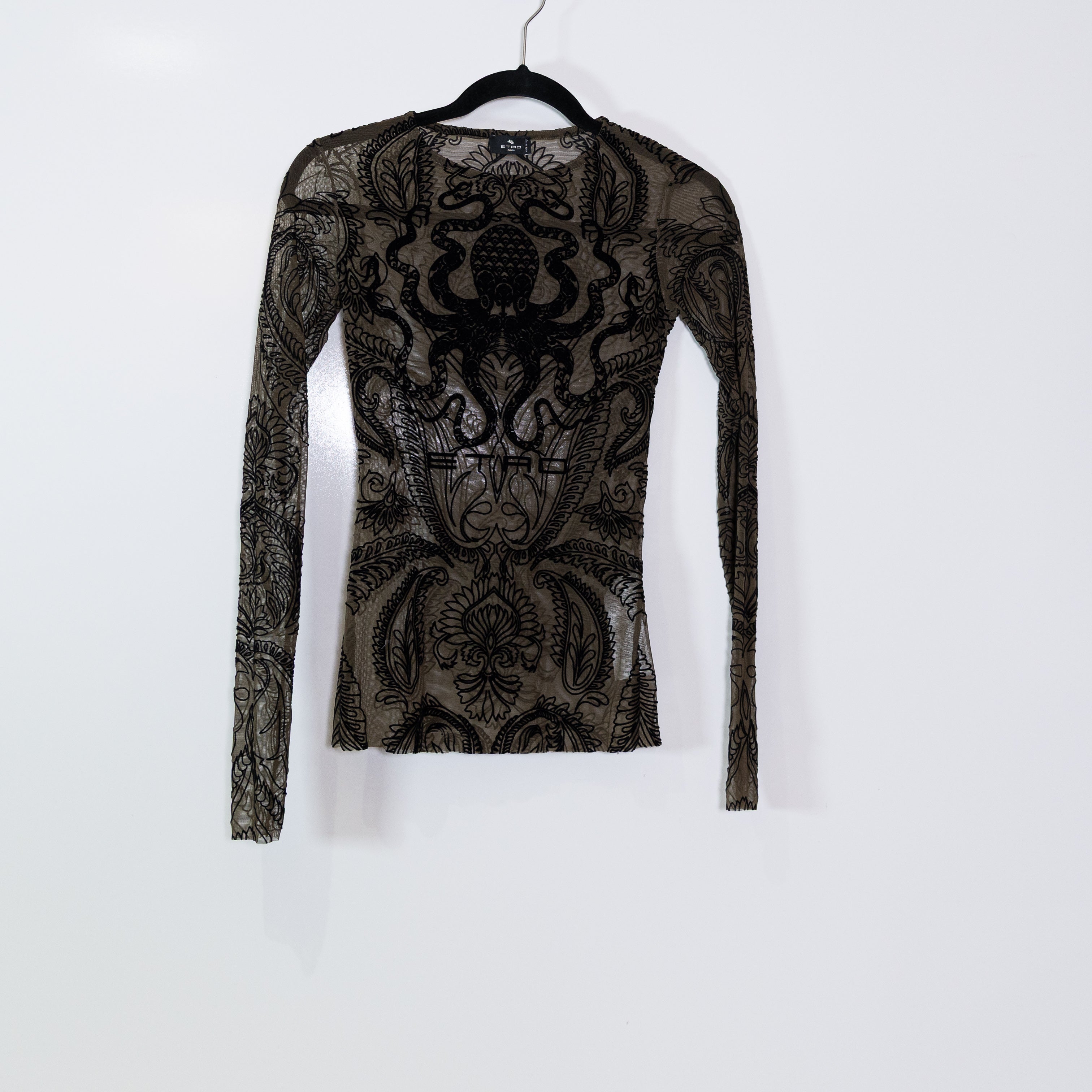 Etro Octopus Motif Flocked Velvet Velour Sheer Mesh Long Sleeve Top Shirt Black