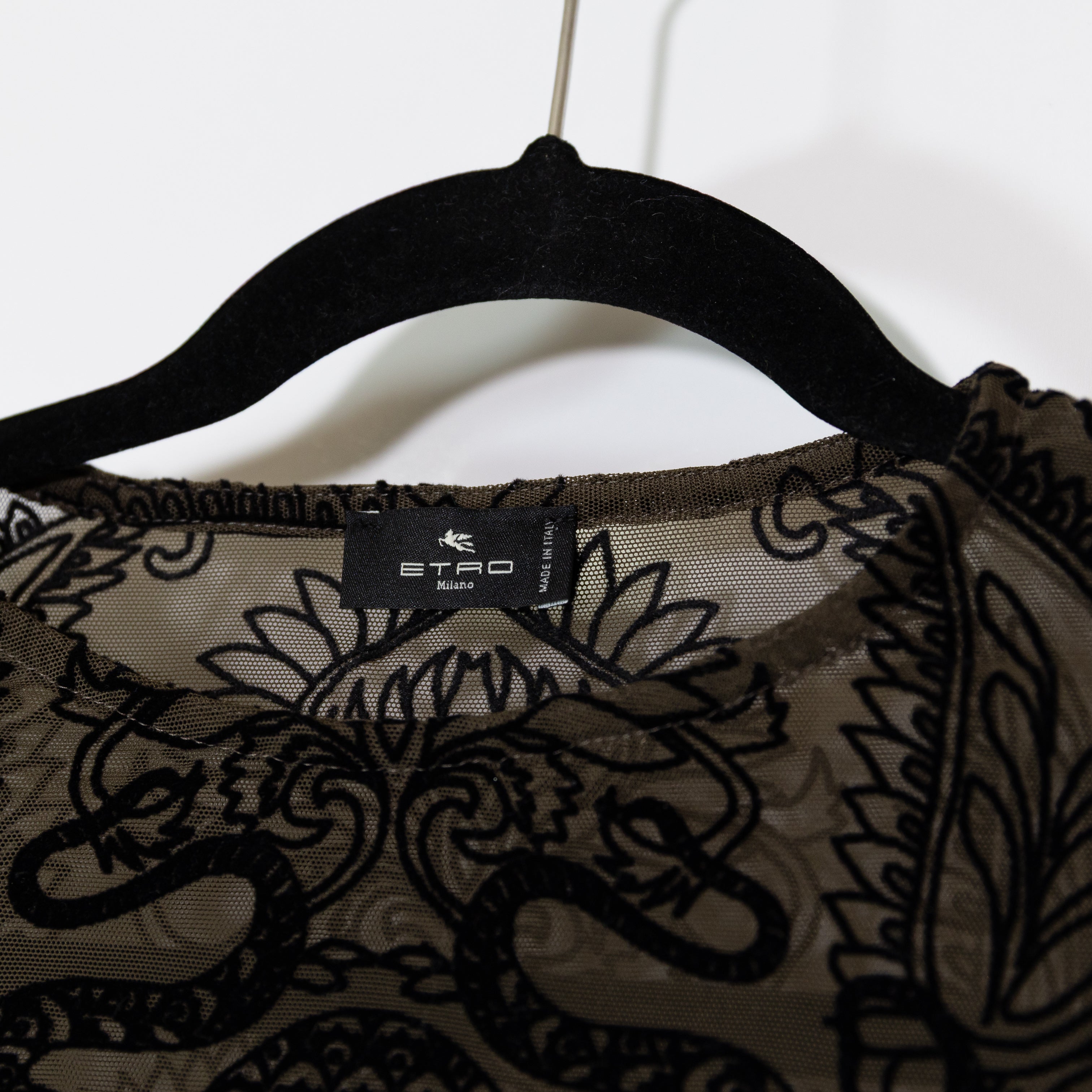 Etro Octopus Motif Flocked Velvet Velour Sheer Mesh Long Sleeve Top Shirt Black