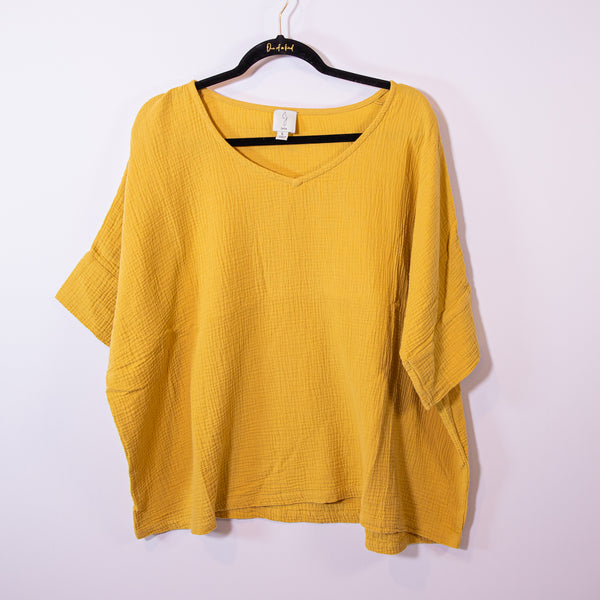 Joie Cotton Textured Knit V Neck Boxy Cut Oversized Pullover Top Shirt Goldenrod