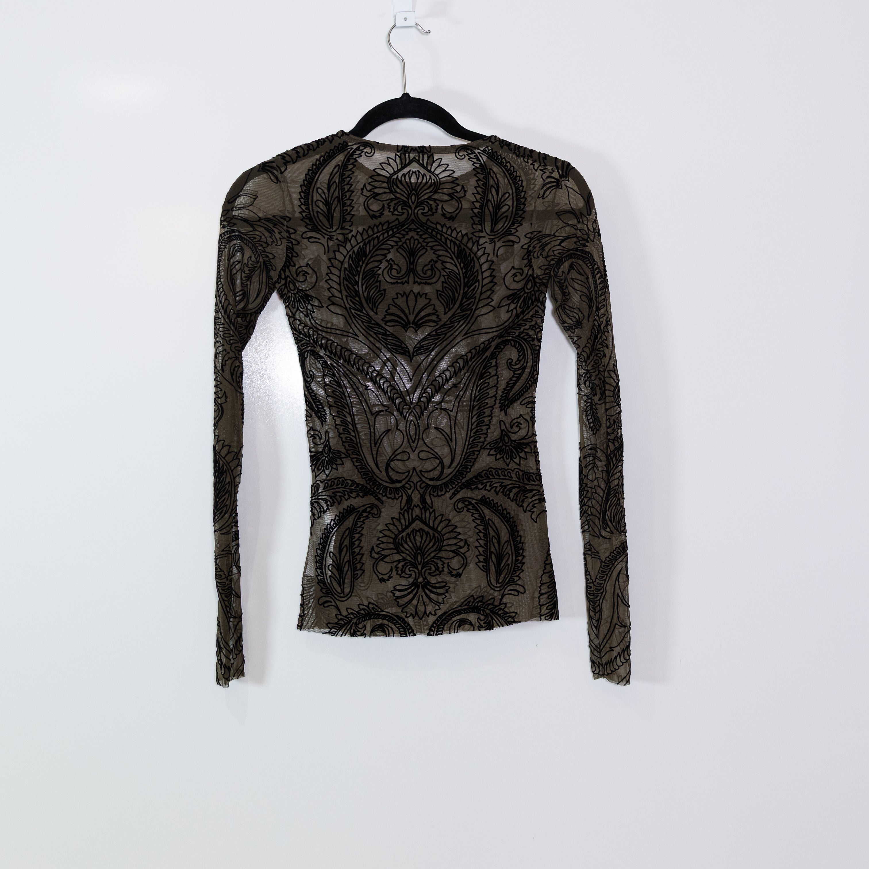 Etro Octopus Motif Flocked Velvet Velour Sheer Mesh Long Sleeve Top Shirt Black