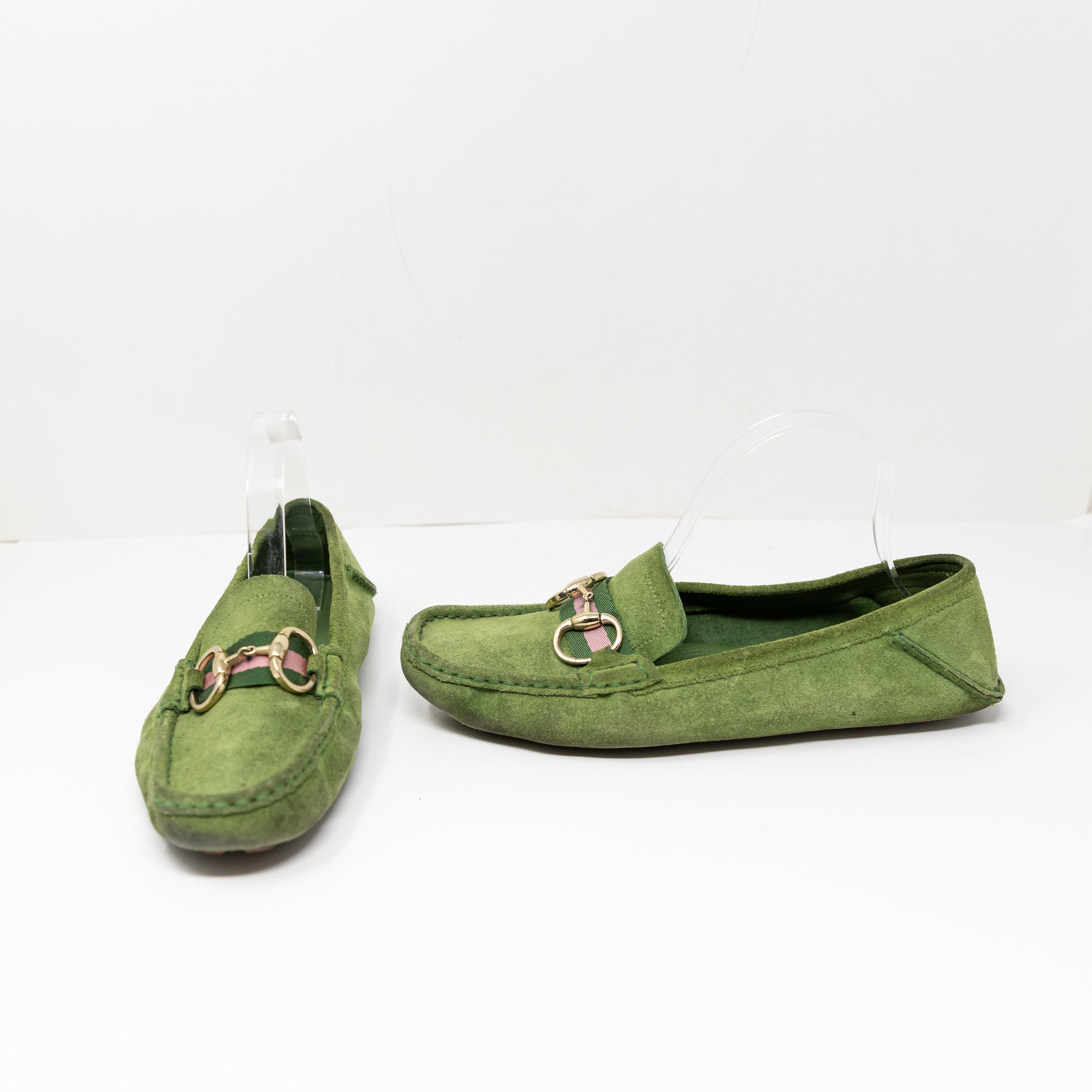 Gucci Women's Genuine Suede Leather Horsebit Buckle Slip On Loafers Flats Green