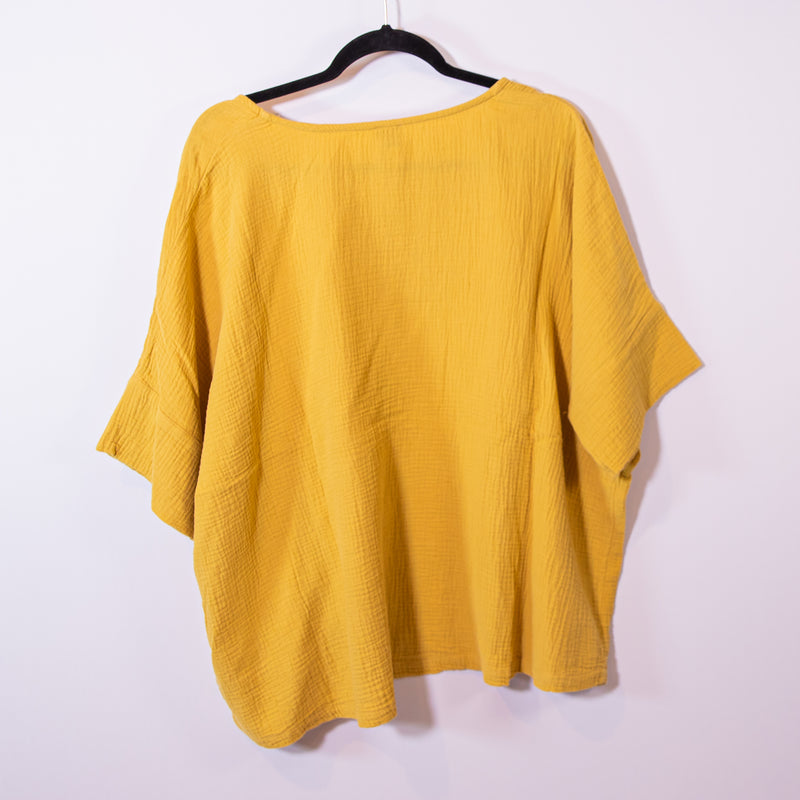 Joie Cotton Textured Knit V Neck Boxy Cut Oversized Pullover Top Shirt Goldenrod