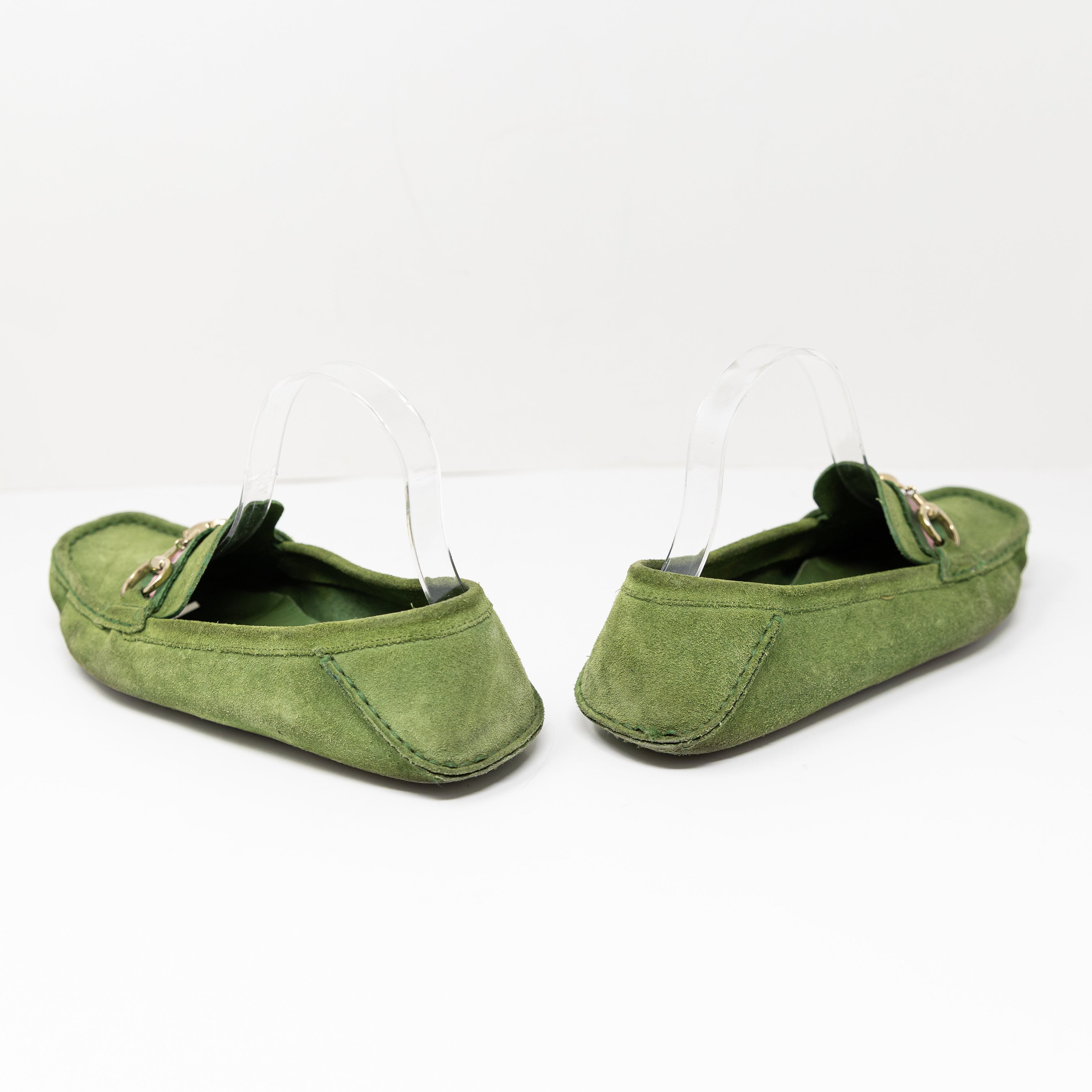 Gucci Women's Genuine Suede Leather Horsebit Buckle Slip On Loafers Flats Green