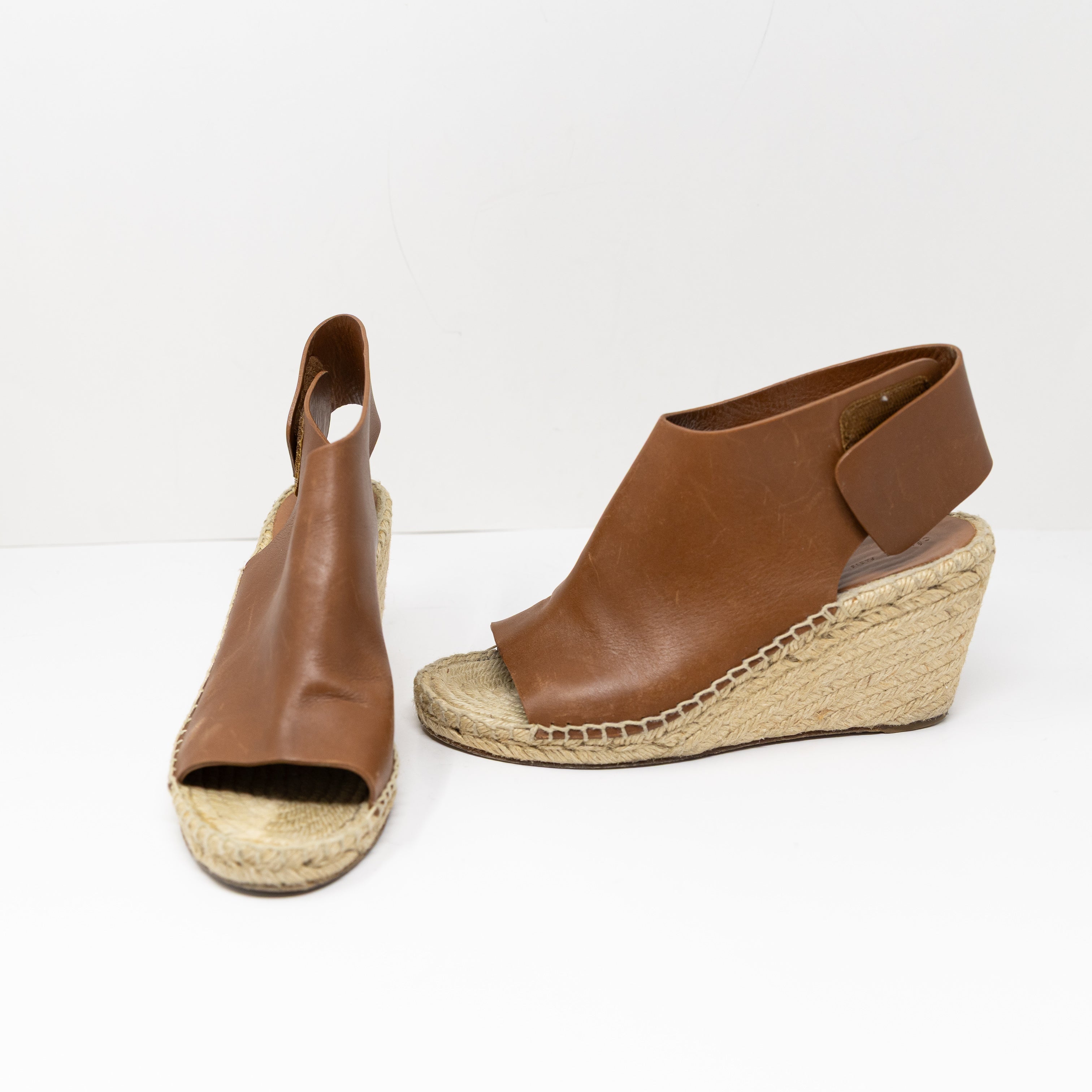 Celine Genuine Leather Open Toe Braided Espadrille Wedge Sandal Heel Brown 9