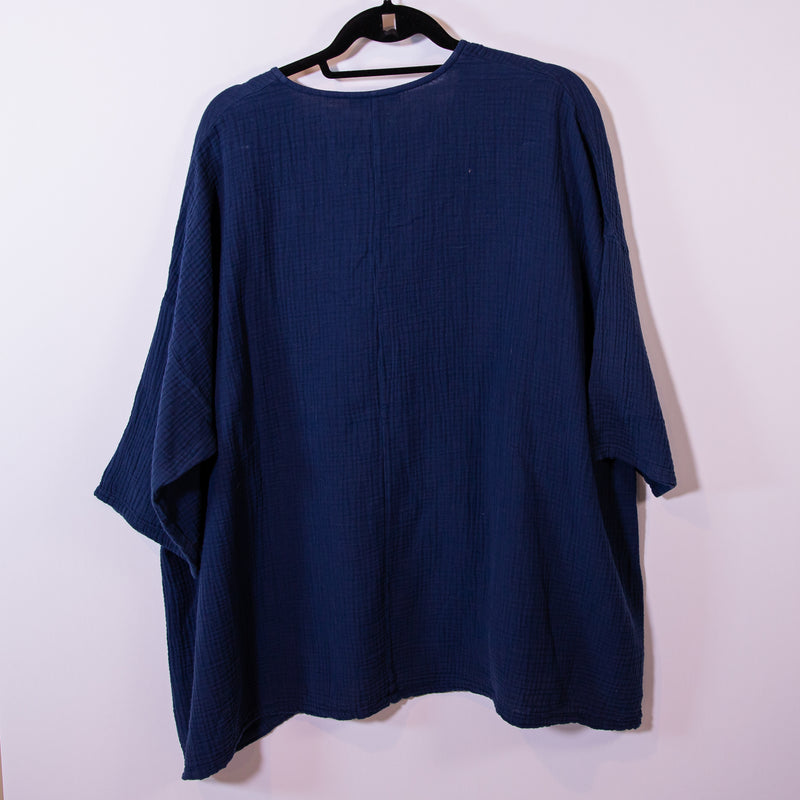 NEW Bryn Walker Bax Cotton Weave Textured Oversized Boxy Cut Tee Shirt Blue M