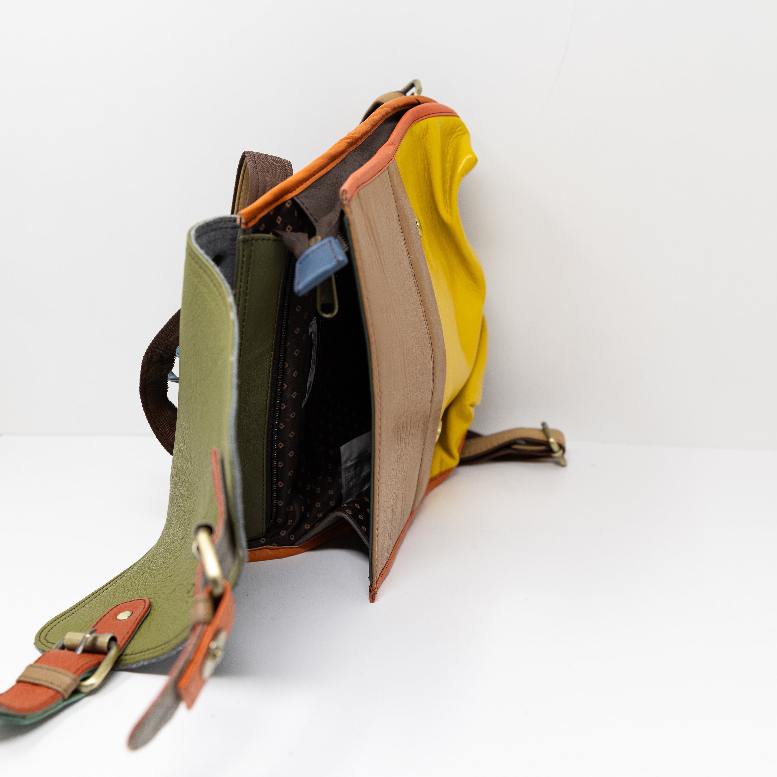 Soruka Freya Genuine Leather Green Yellow Orange Colorblock Backpack Purse Bag
