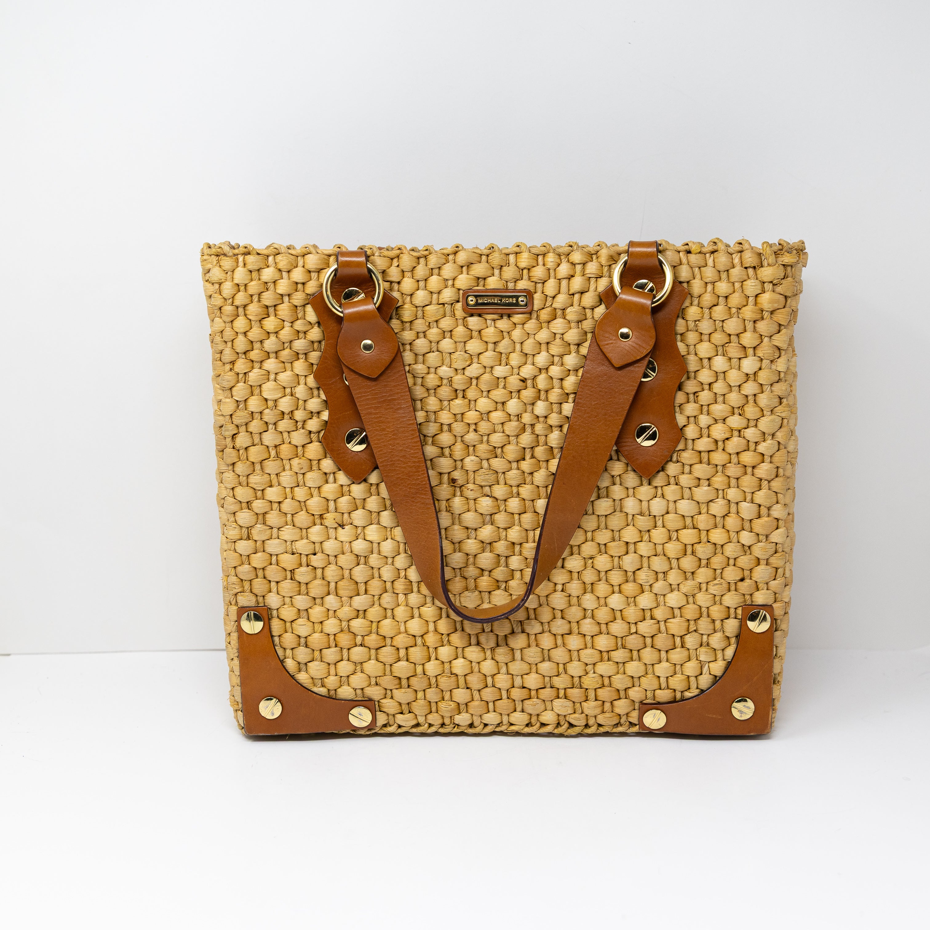 Michael Kors Santorini Basket Woven Weave Genuine Leather Trim Square Purse Bag