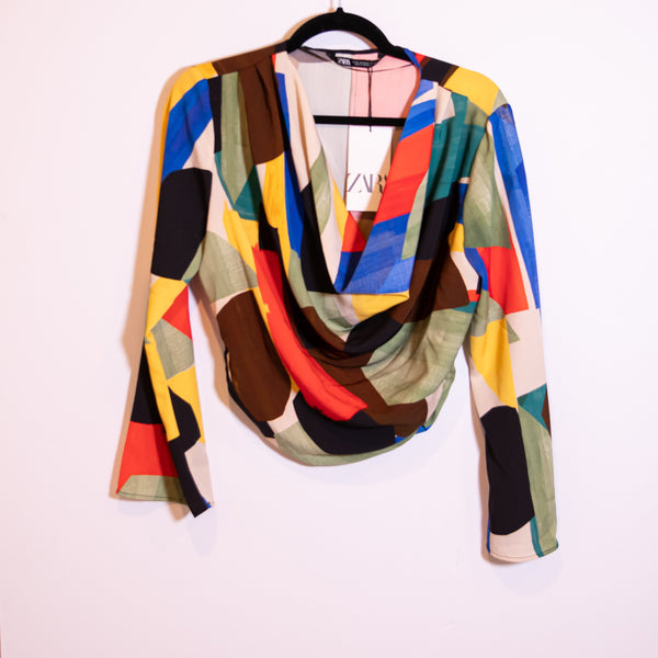 NEW Zara Geometric Abstract Print Pattern Cowl Neck Long Sleeve Blouse Shirt M