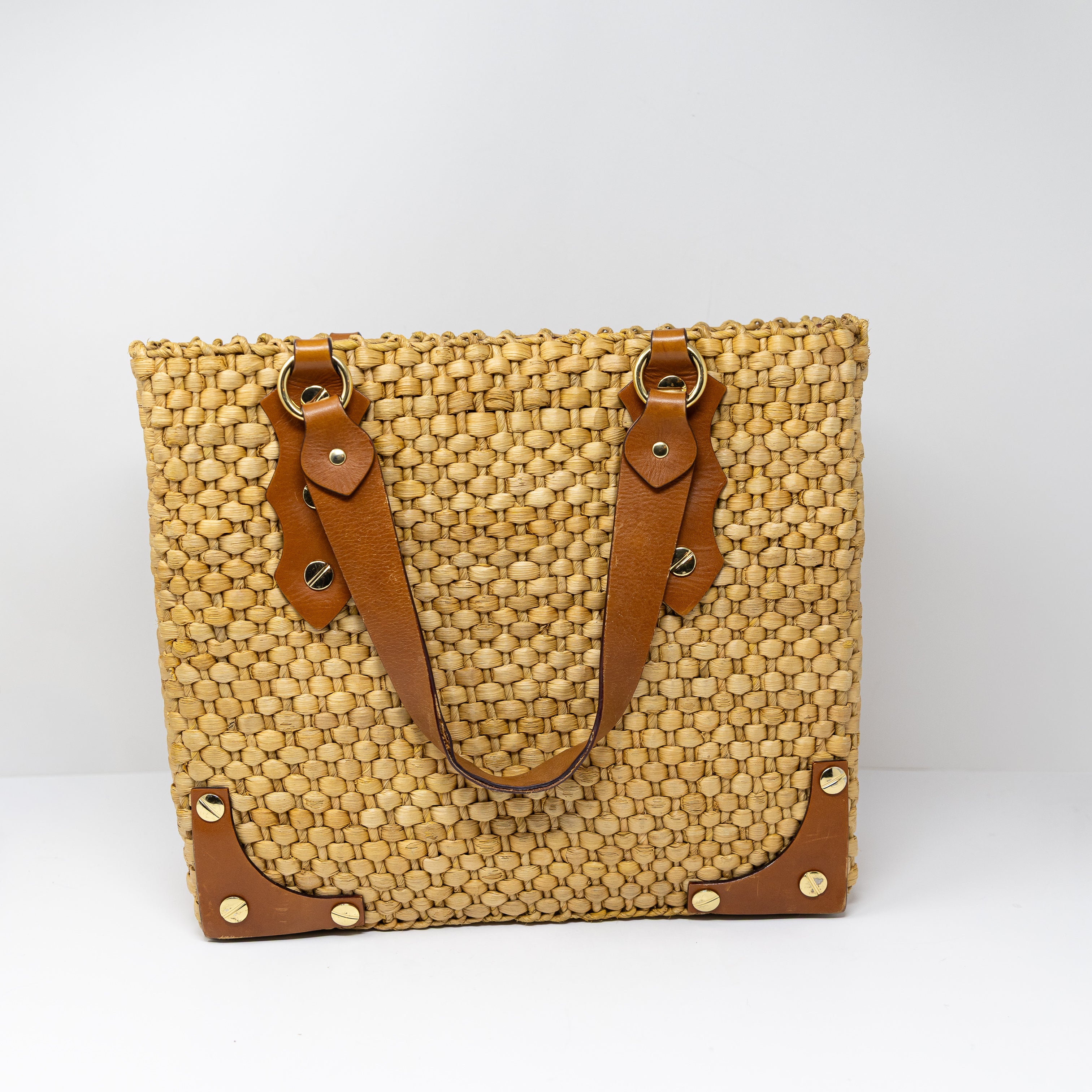 Michael Kors Santorini Basket Woven Weave Genuine Leather Trim Square Purse Bag