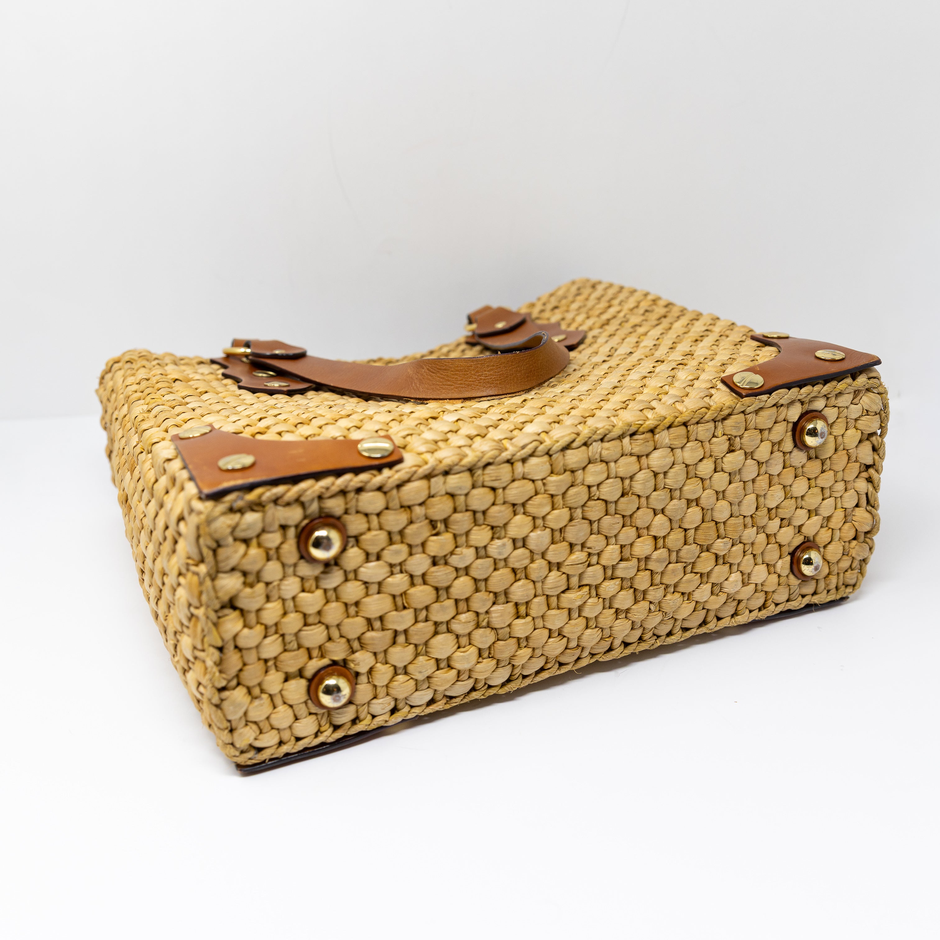 Michael Kors Santorini Basket Woven Weave Genuine Leather Trim Square Purse Bag