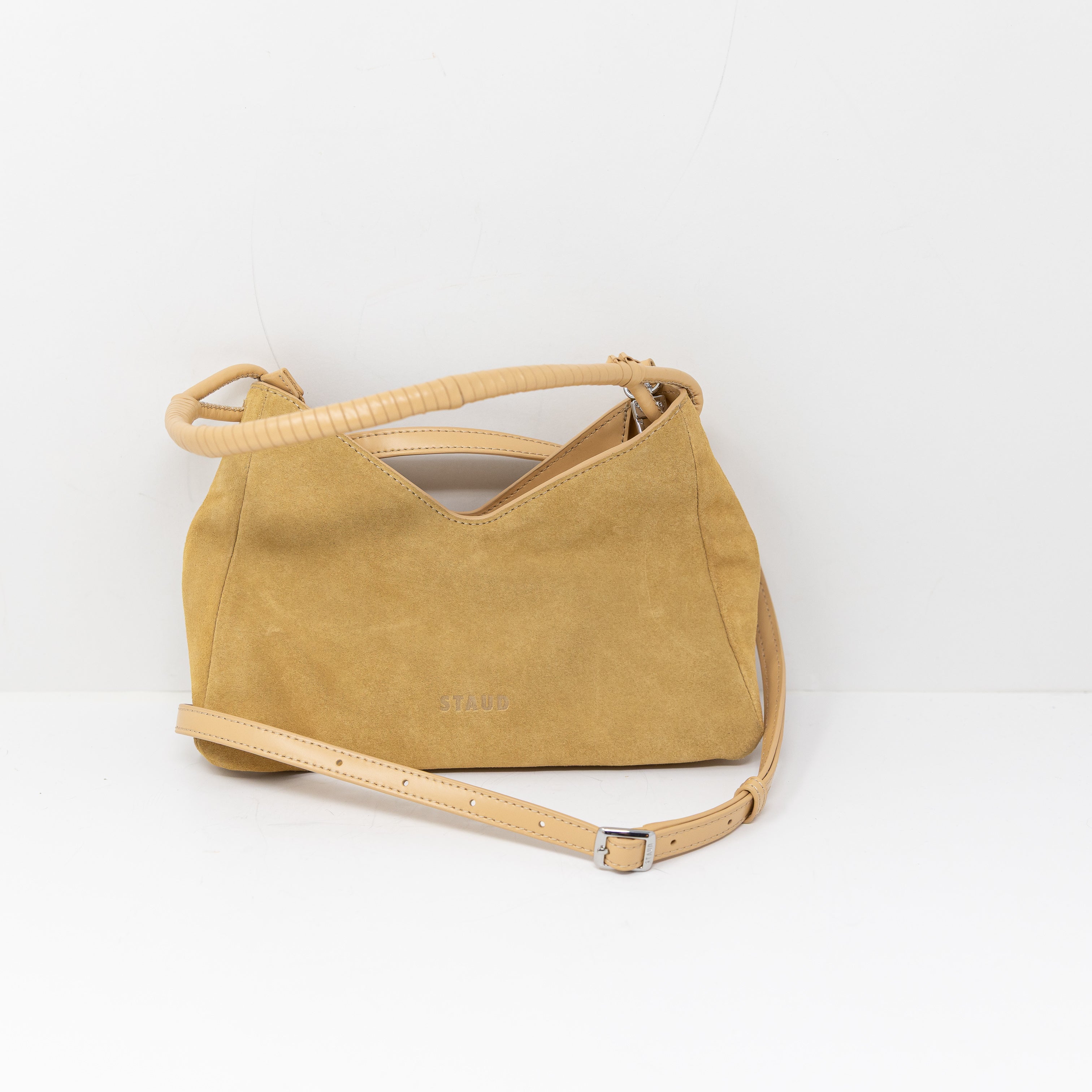 Staud Valerie Genuine Suede Leather Convertible Shoulder Purse Bag Neutral Tan