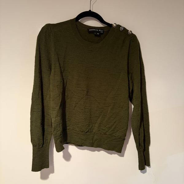 Veronica Beard Grayden Wool Knit Stretch Button Shoulder Crew Neck Sweater Army