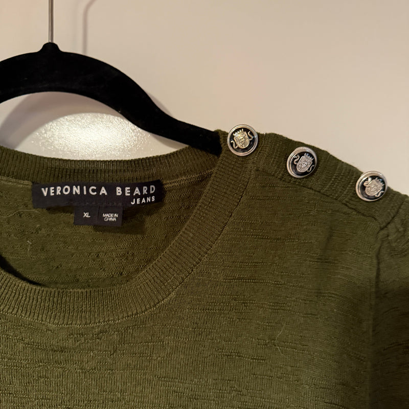 Veronica Beard Grayden Wool Knit Stretch Button Shoulder Crew Neck Sweater Army
