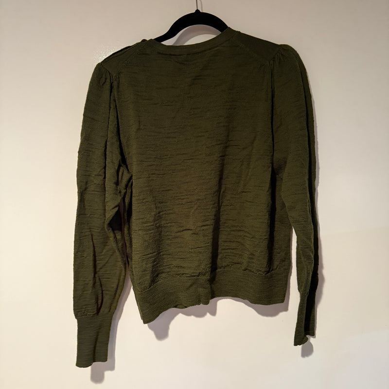 Veronica Beard Grayden Wool Knit Stretch Button Shoulder Crew Neck Sweater Army