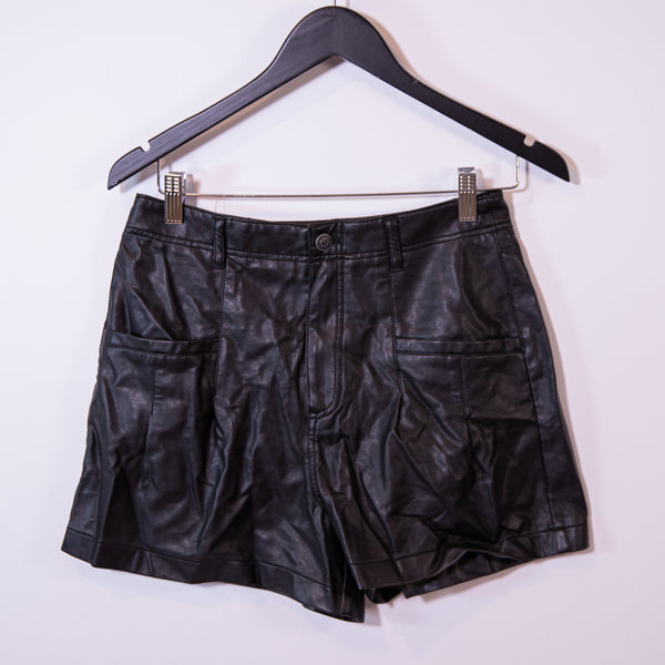 Free People Press Play Faux Vegan Leather High Waisted Pleated Shorts Black 6