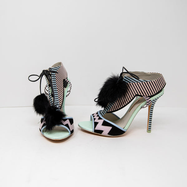 Sophia Webster Multicolor Patent Leather Leilou Open Toe Fur PomPom Heels Shoes