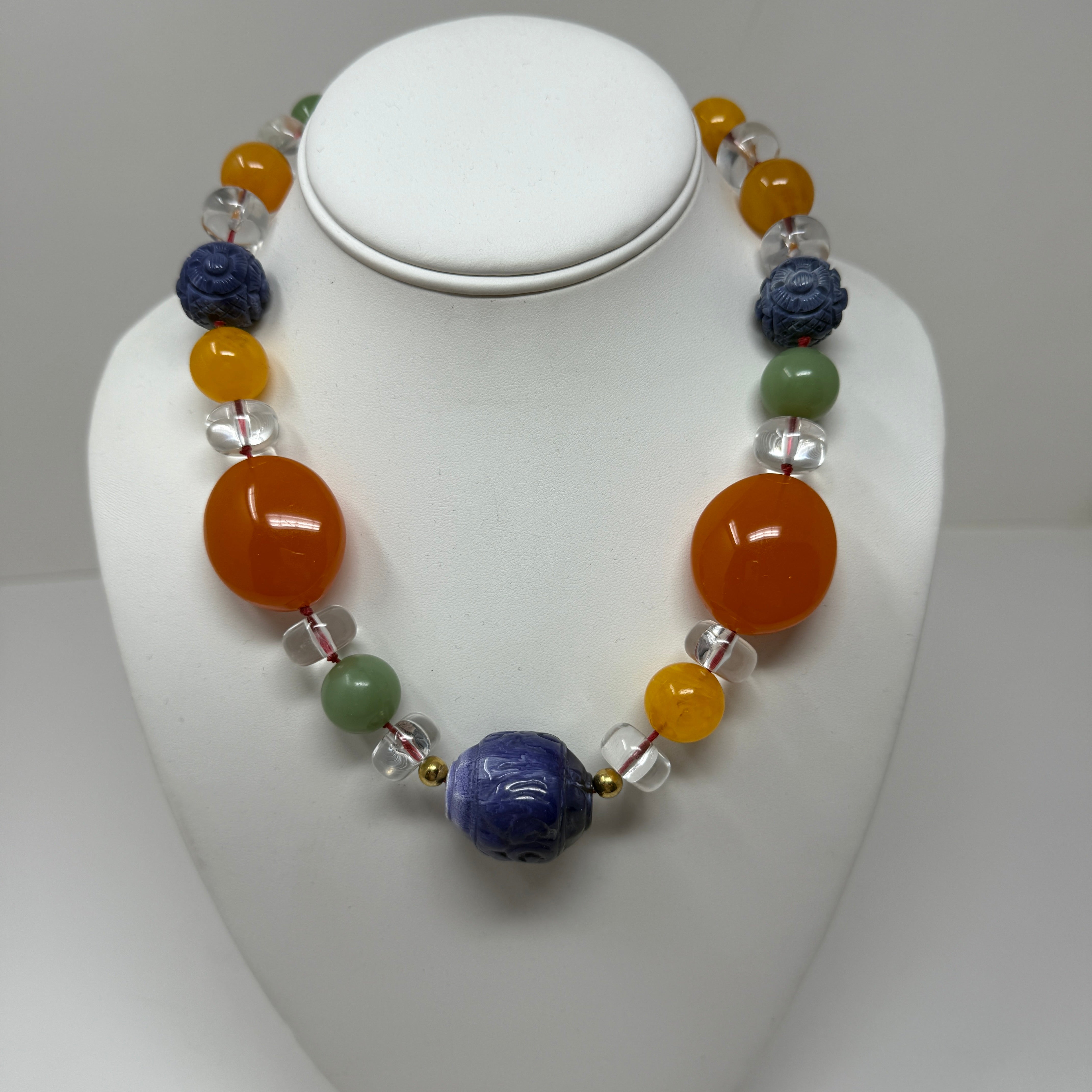 Kenneth Lane Carved Stone Oversize Lucite Beaded Multi Color Statement Necklace