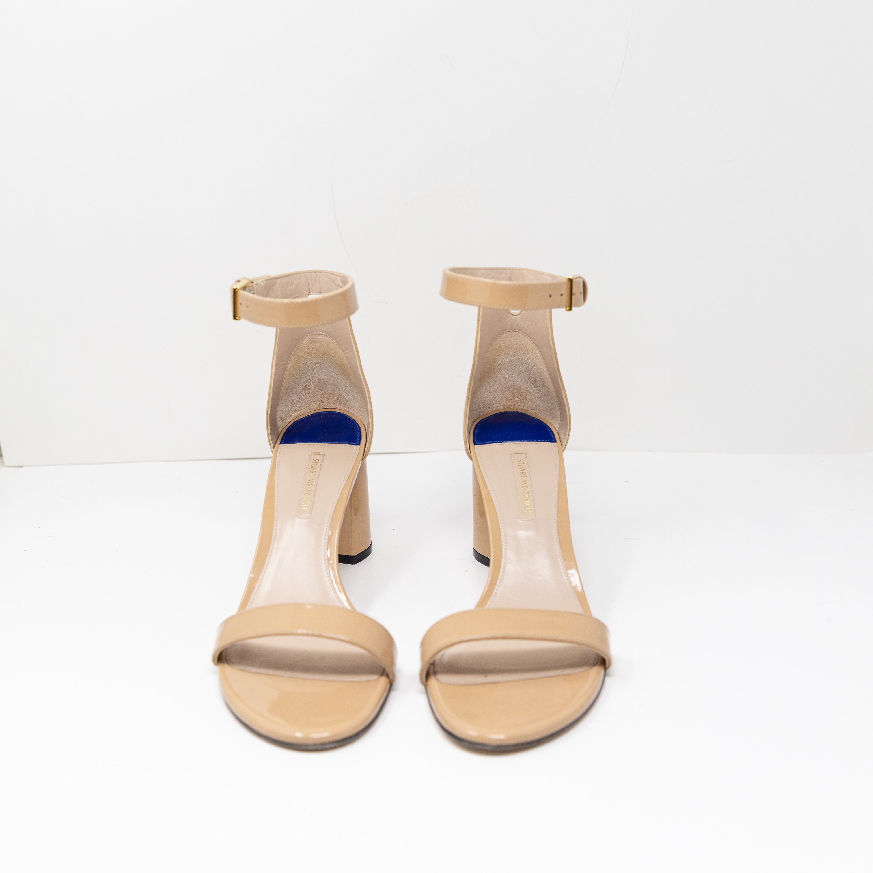 Stuart Weitzman Nudistcurve Genuine Patent Leather Block Heel Ankle Strap Heels