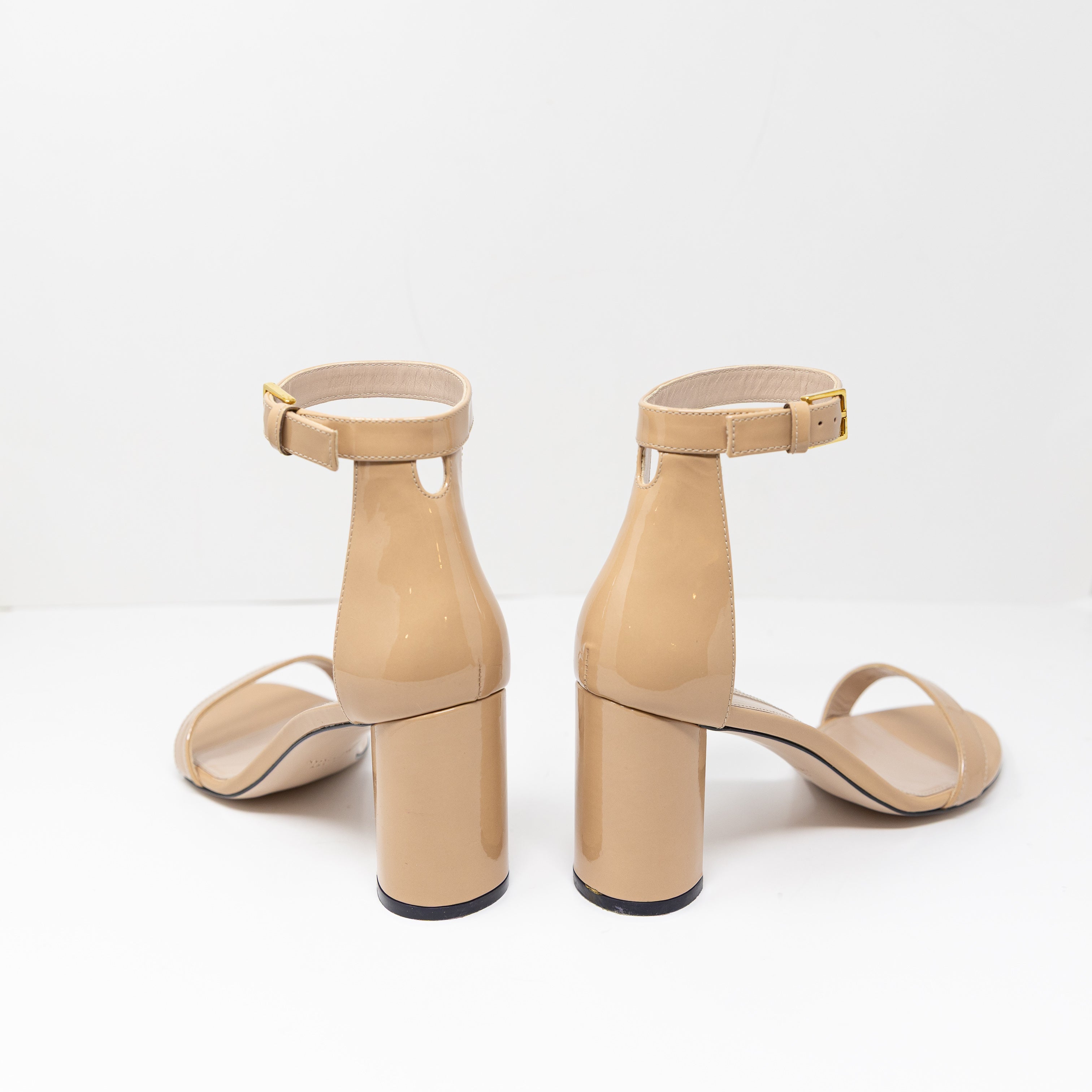 Stuart Weitzman Nudistcurve Genuine Patent Leather Block Heel Ankle Strap Heels