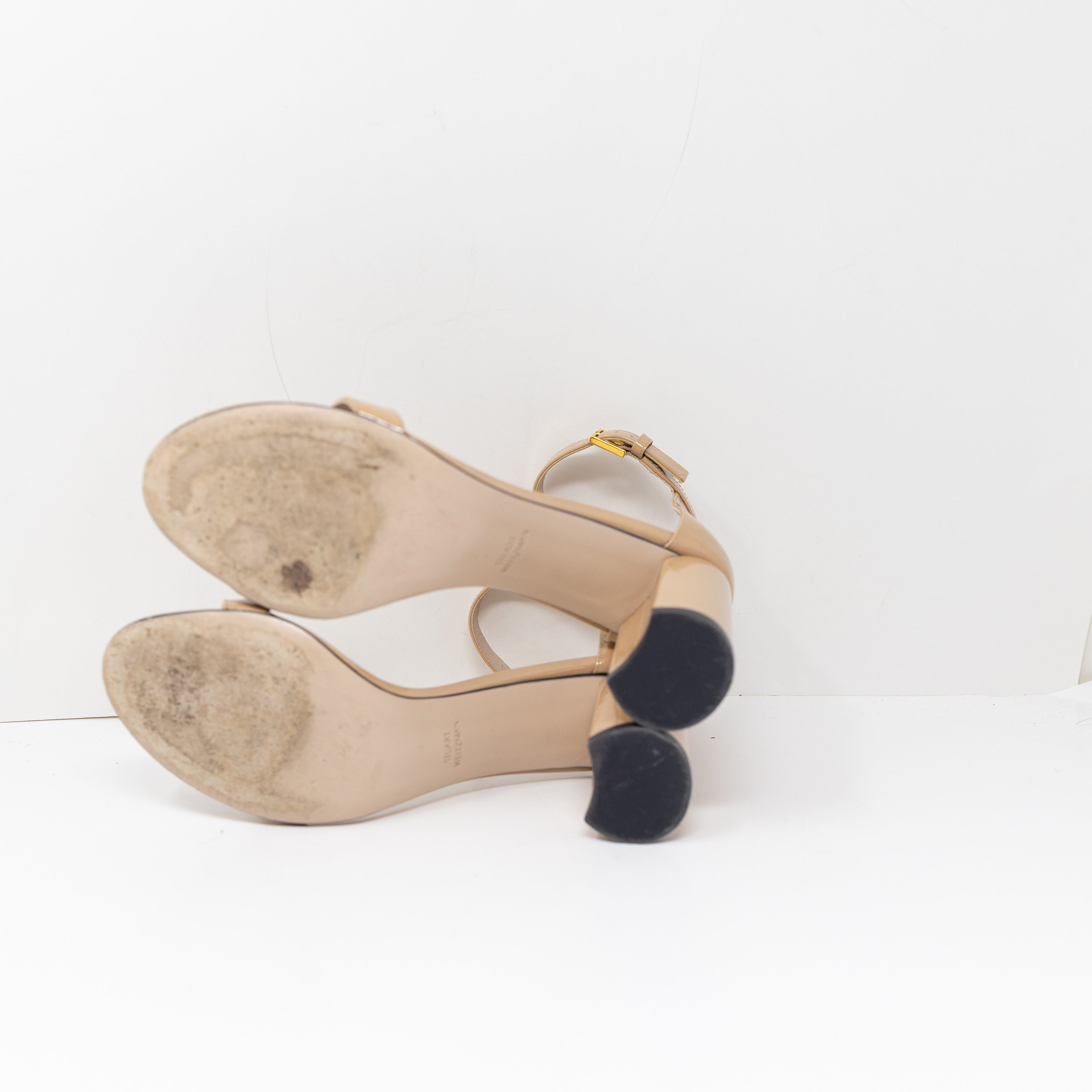 Stuart Weitzman Nudistcurve Genuine Patent Leather Block Heel Ankle Strap Heels