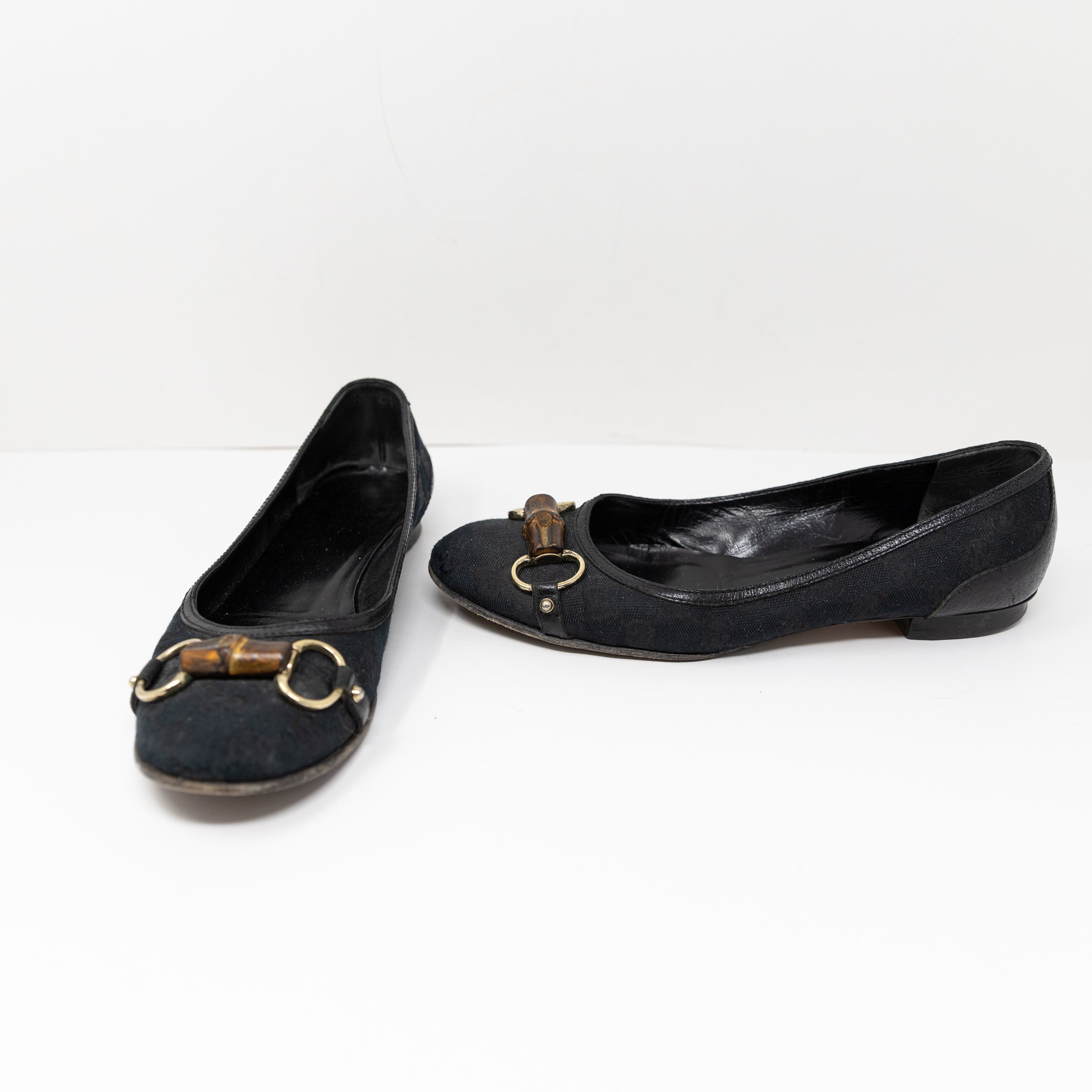 Gucci Women's GG Logo Cotton Canvas Bamboo Horsebit Slip On Ballet Flats Shoes 9