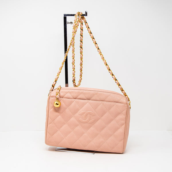 Chanel Genuine Caviar Leather Crossbody Shoulder Camera Bag Tote Purse Pink Gold