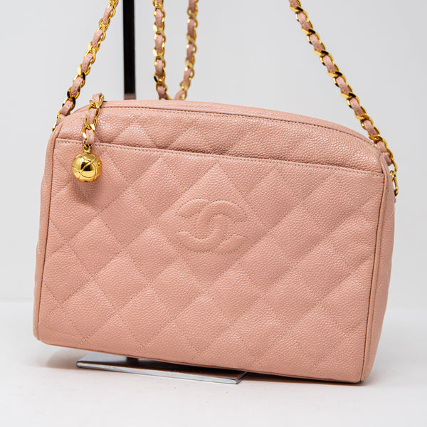 Chanel Genuine Caviar Leather Crossbody Shoulder Camera Bag Tote Purse Pink Gold