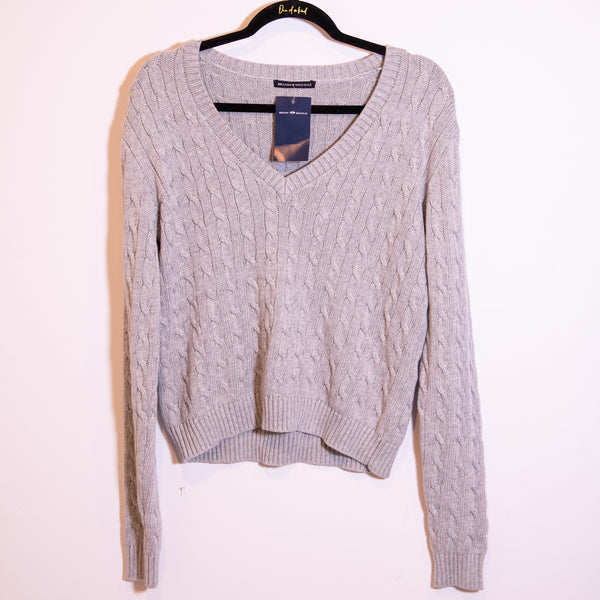 NEW Brandy Melville Cotton Blend Cable Knit V Neck Pullover Sweater Gray