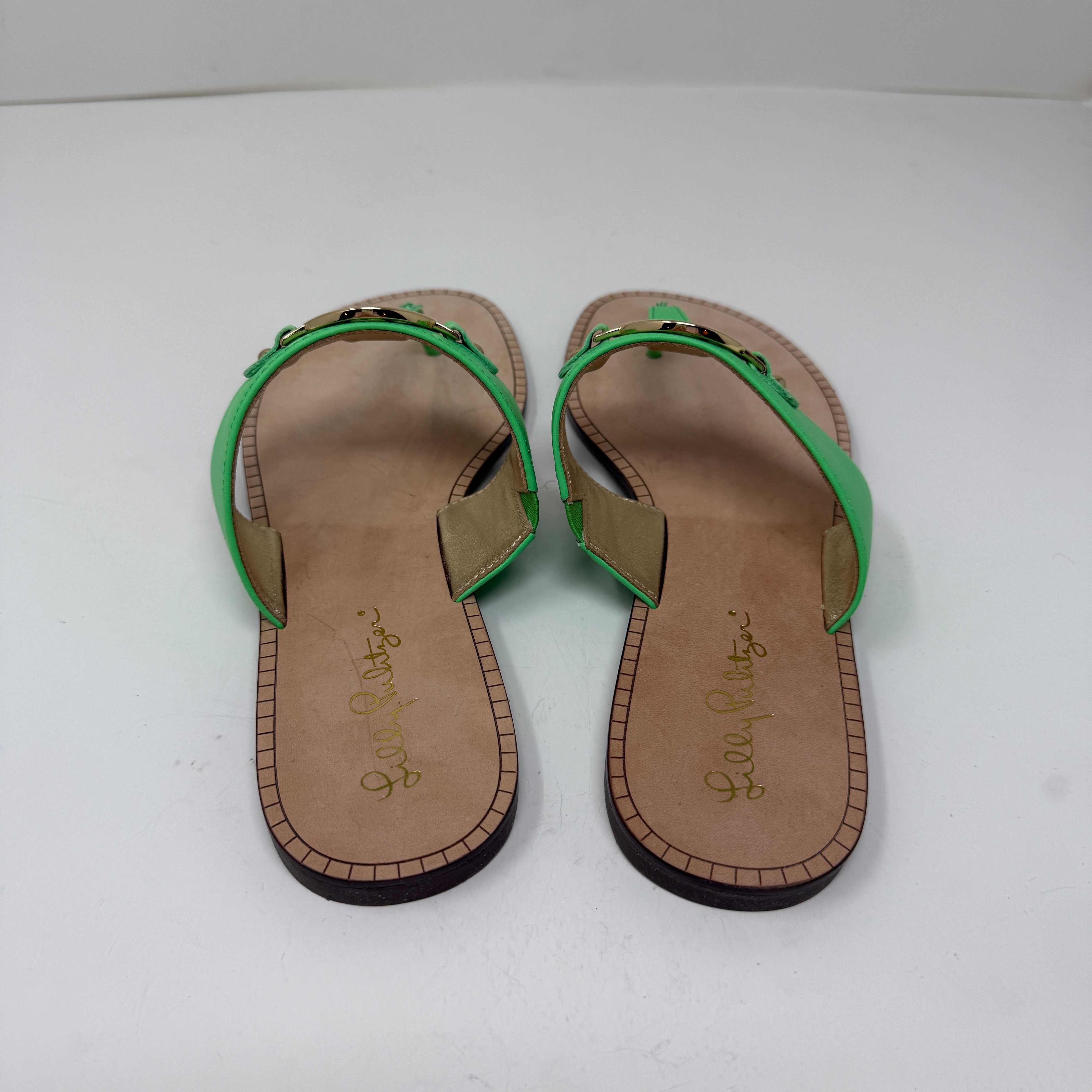 NEW Lilly Pulitzer Rousseau Genuine Leather Myrtle Green Gold Logo Sandals Shoes