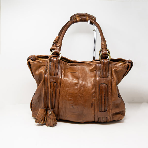 Marc Jacobs Genuine Leather Tassel Oversize Shoulder Tote Bag Purse Brown Tan