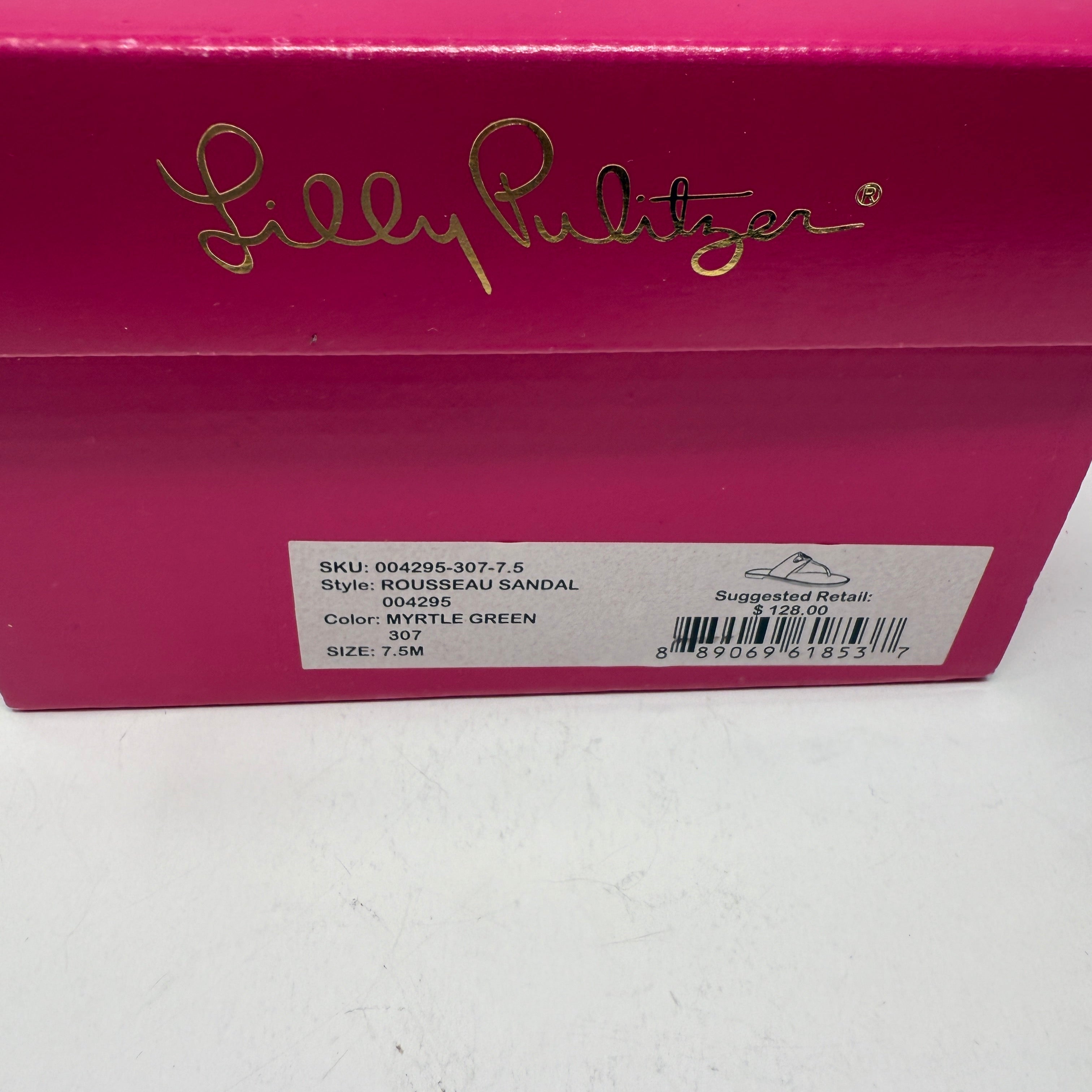 NEW Lilly Pulitzer Rousseau Genuine Leather Myrtle Green Gold Logo Sandals Shoes