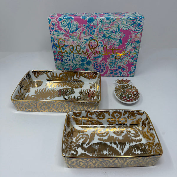 NEW Lilly Pulitzer Nesting Trays Trinket Dish Porcelain Gold Metallic Pineapple