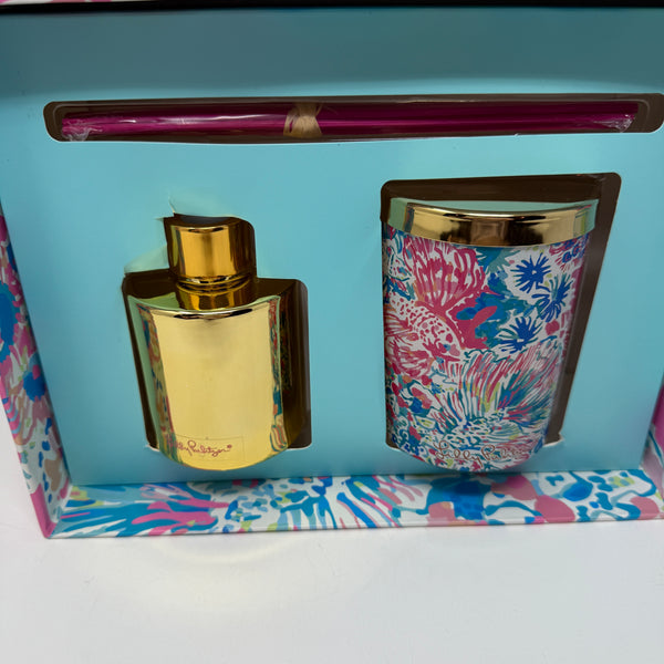 NEW Lilly Pulitzer Home Candle &amp; Diffuser Set Rattan Sticks Tiki Pink Gypsea