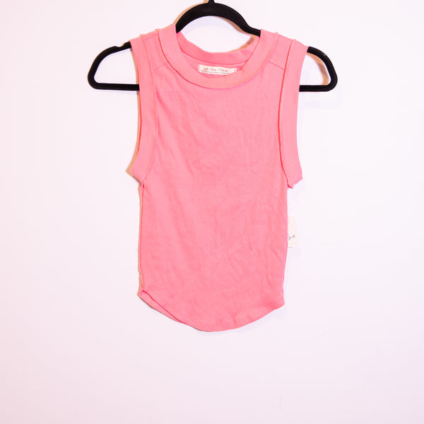 NEW Free People Kate Ribbed Crew Neck Sleeveless Tank Top Neon Dreams Pink XS