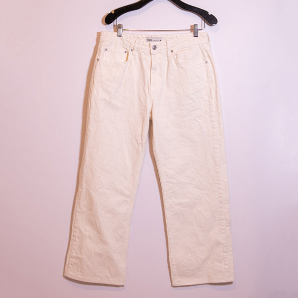 Zara High Waisted Cotton Embroidered Textured Straight Leg White Denim Pants 10