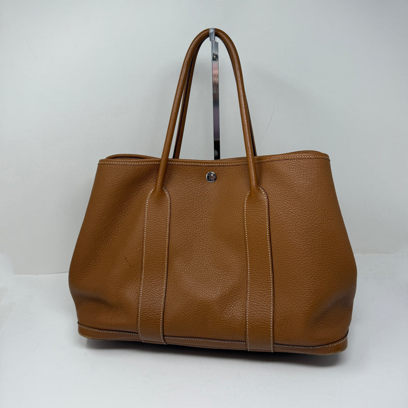 Hermes Garden Party MM Genuine Negonda Leather Tote Purse Bag Camel Brown Tan